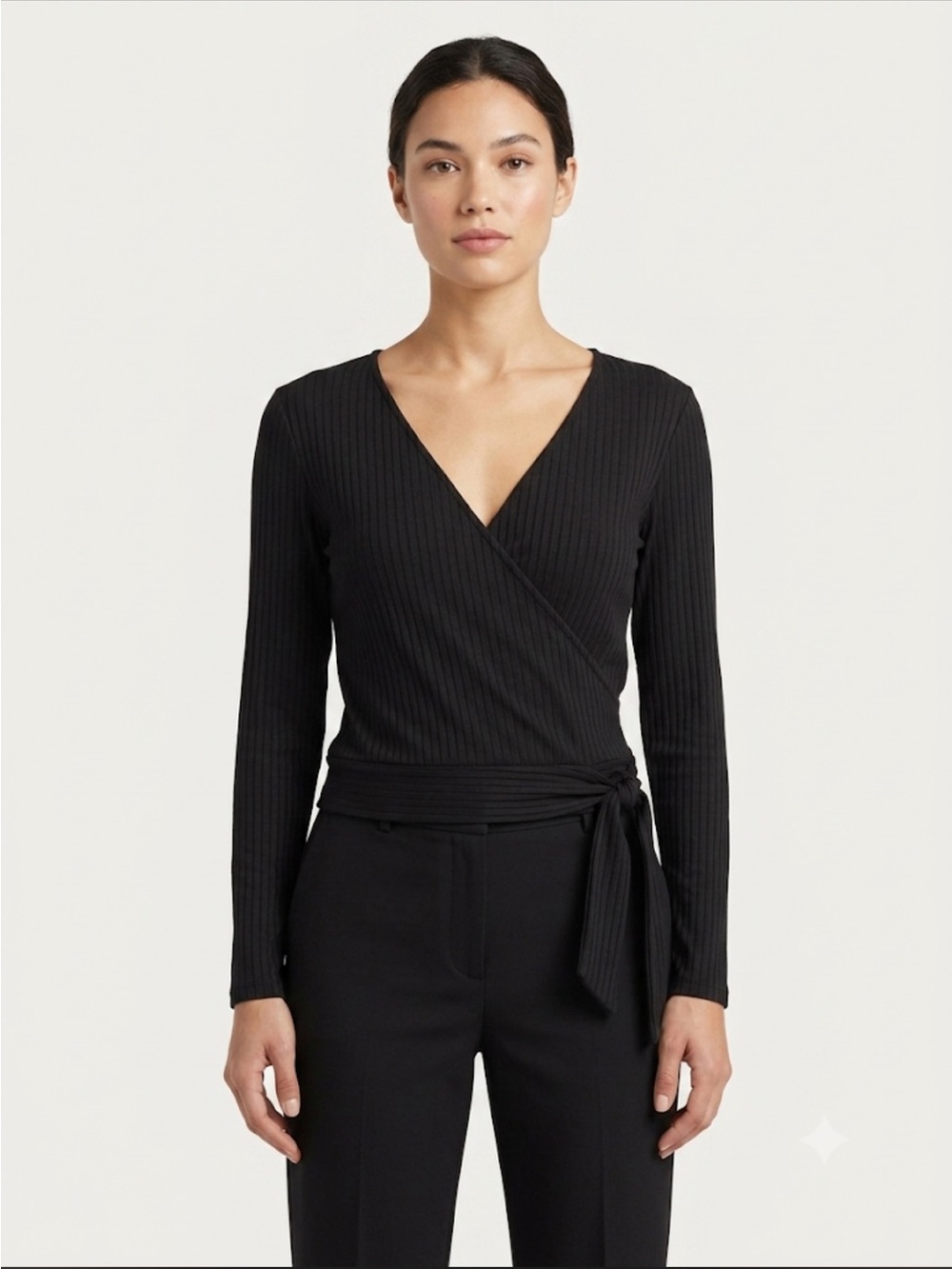 white birch Black Ribbed Wrap Top